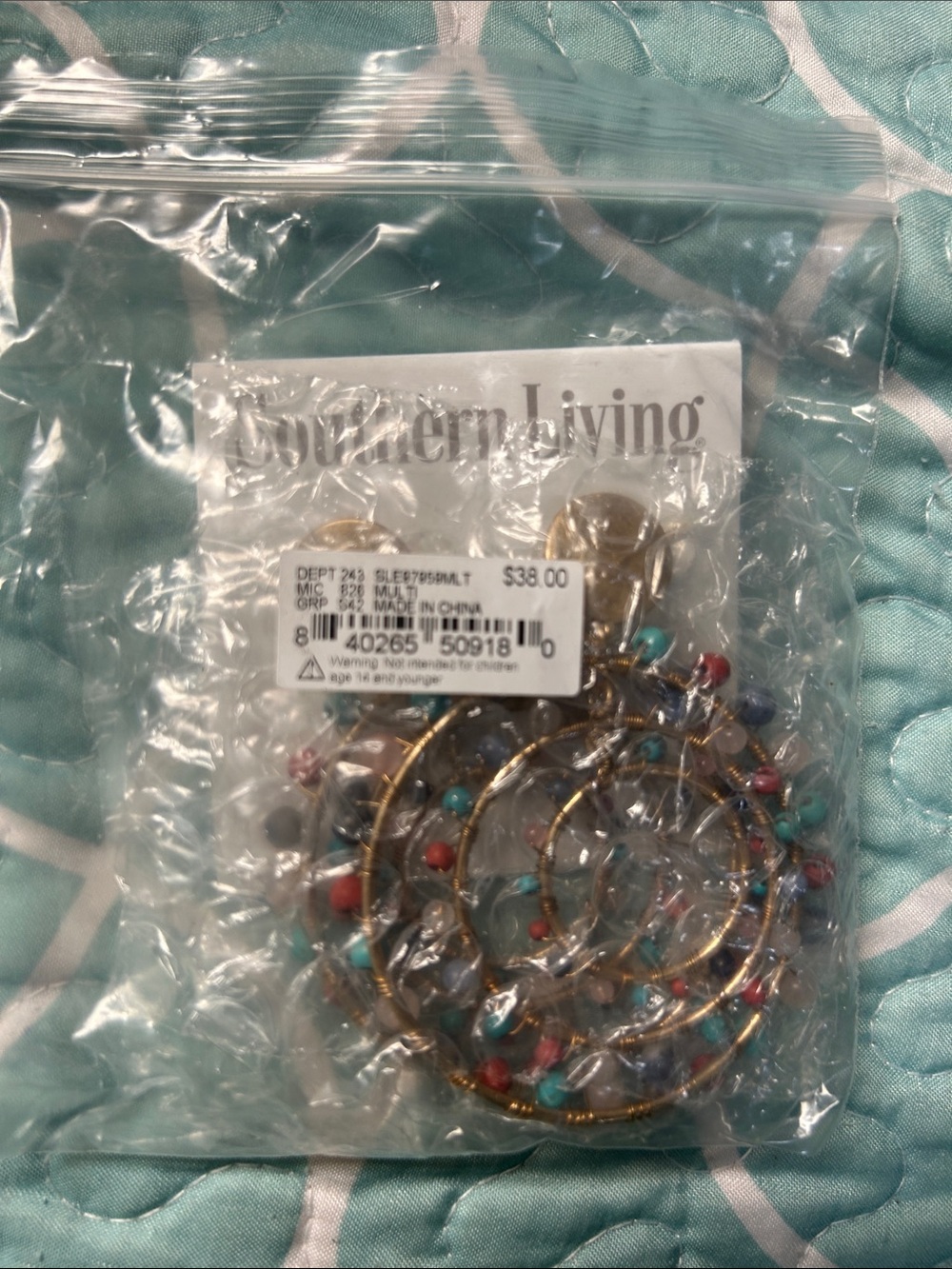 Southern Living Gold Hoop Earrings with Turquoise, Coral and Gray Beads